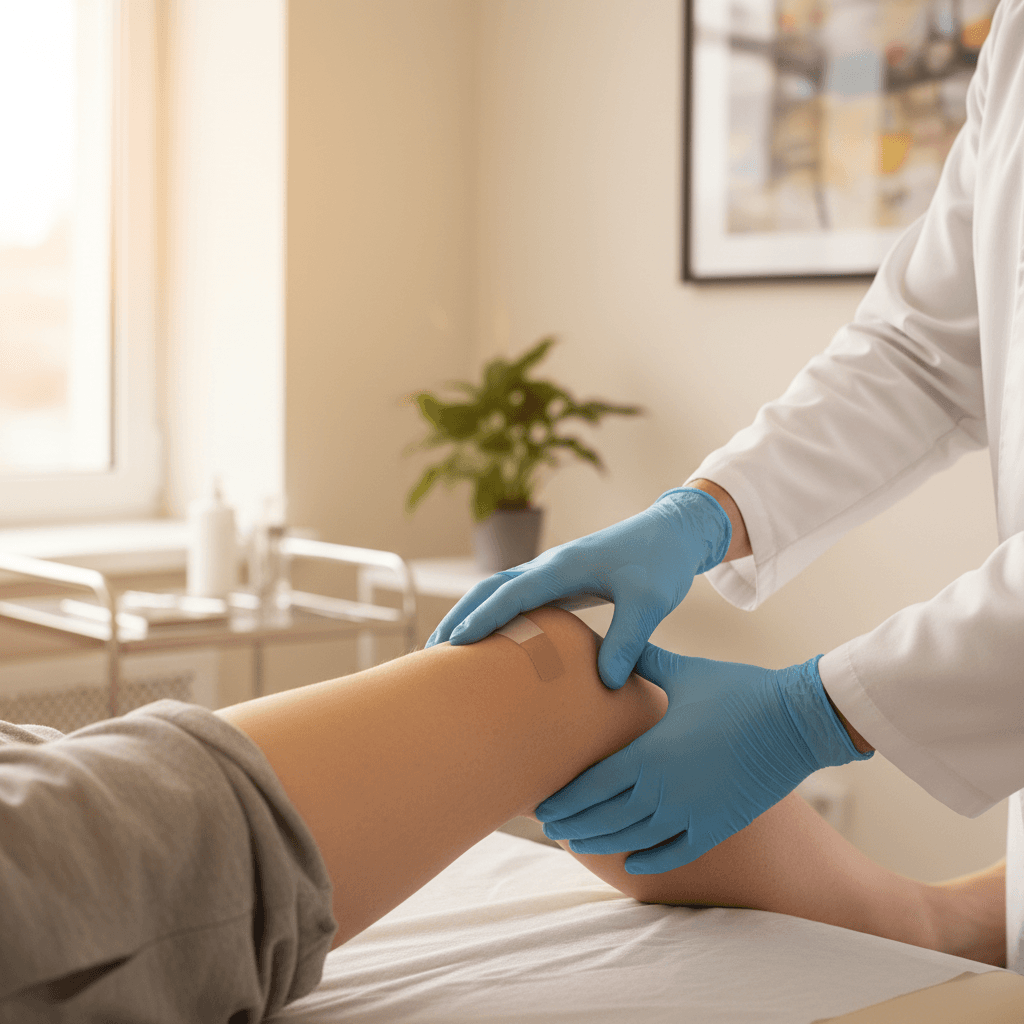 Examen de rodilla en consulta médica