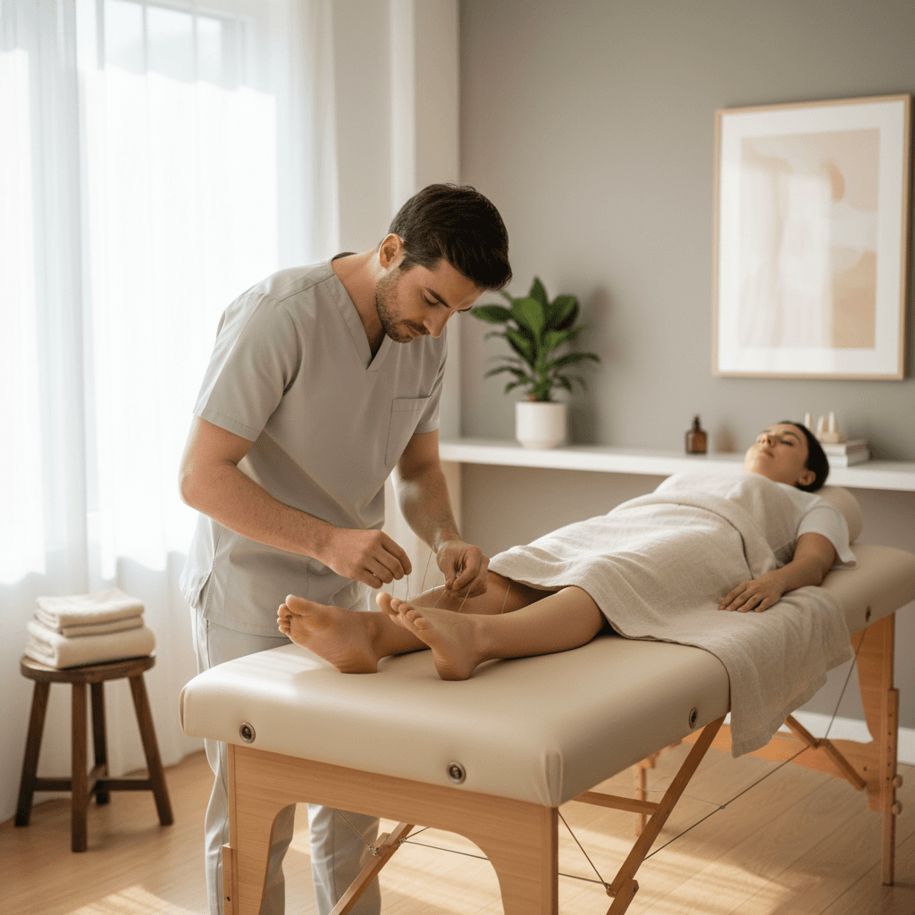 Sesión de acupuntura médica para rodilla