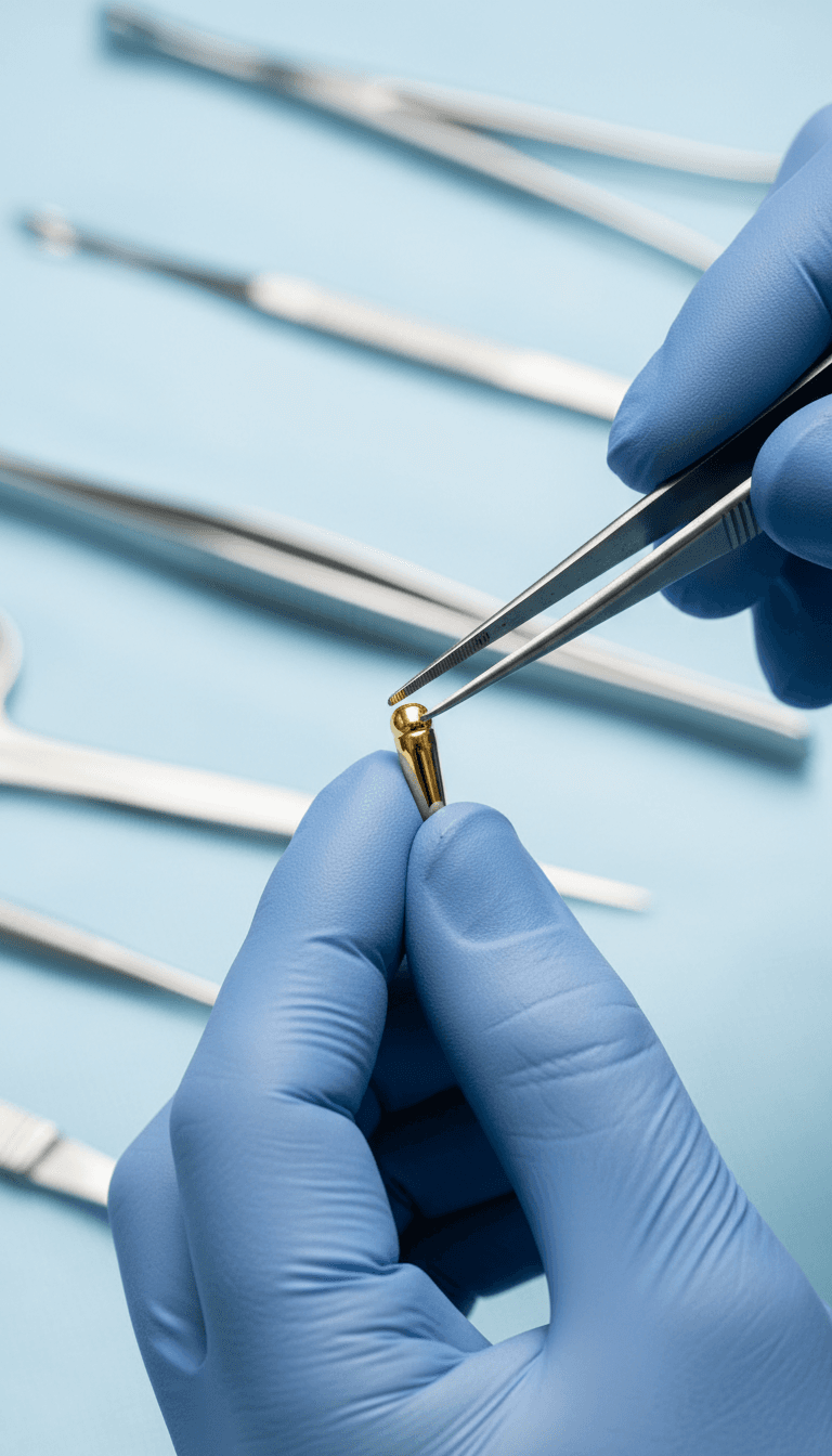 Microimplante de oro de precisión utilizado en tratamientos de dolor crónico