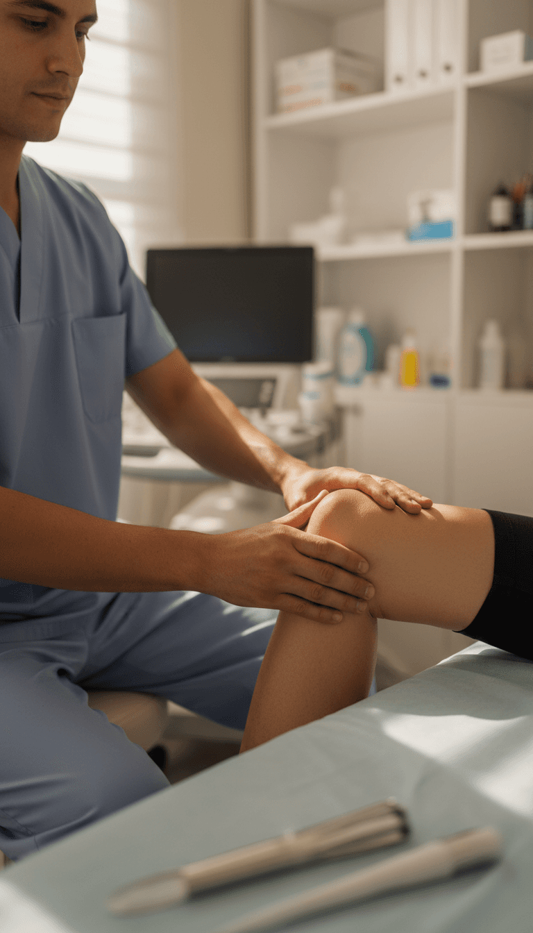 El Dr. Marcelo Tegiacchi realizando una evaluación de rodilla durante una consulta médica en su clínica de Sabadell