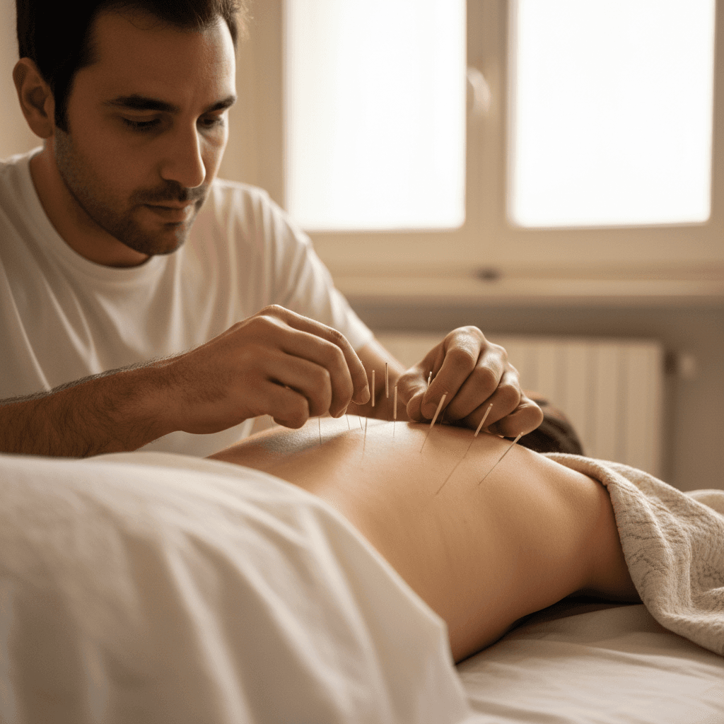 Sesión de acupuntura terapéutica en la clínica