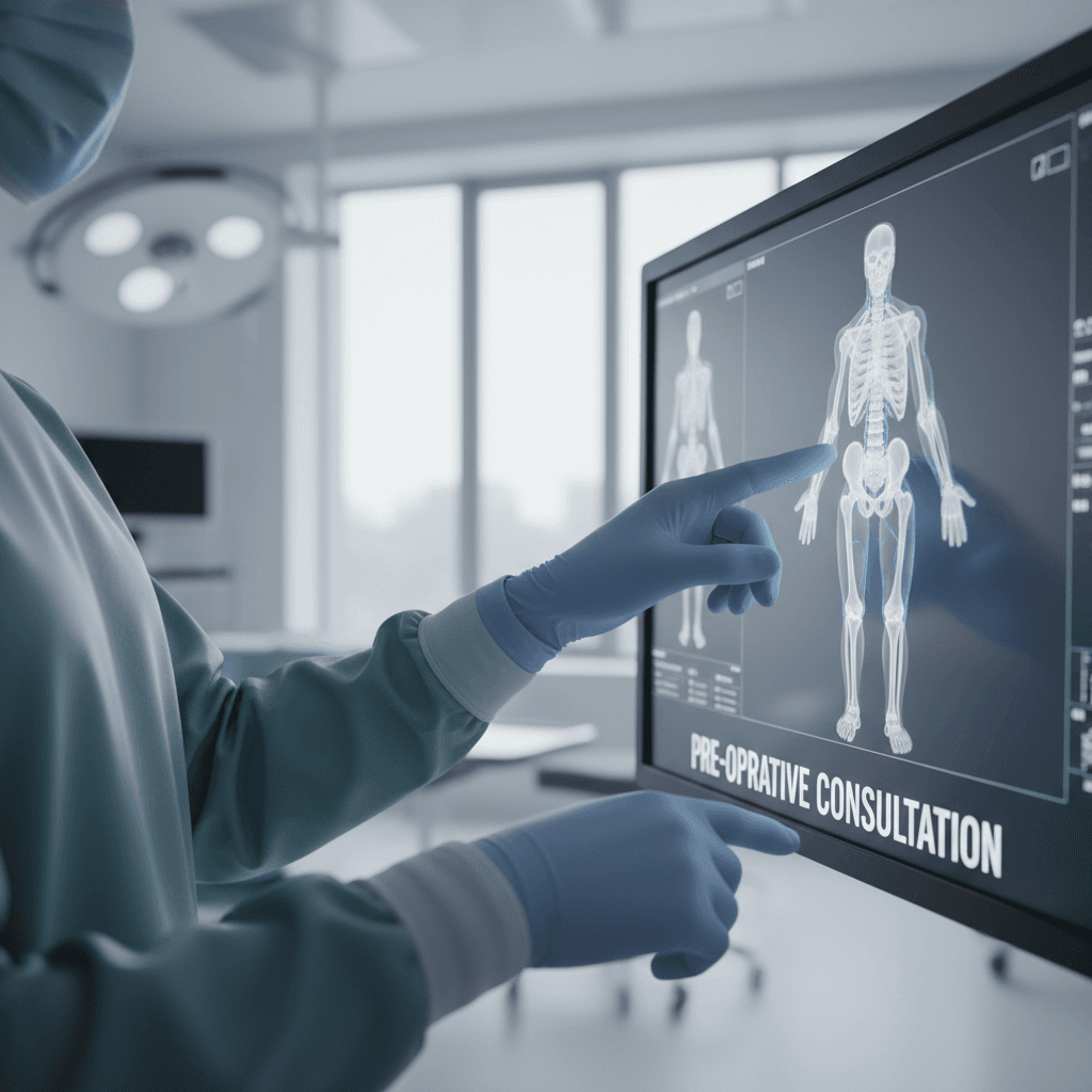 Consulta médica del Dr. Tegiacchi explicando opciones de tratamiento con modelo anatómico